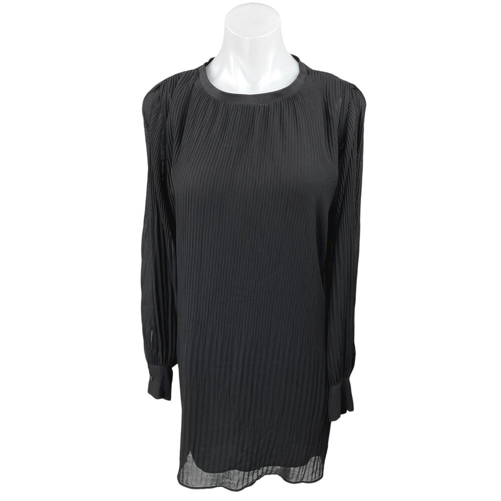 Zara Black Pleated Plisse Crew Neck Pullover Long Sleeve Mini Shift Dress Size M